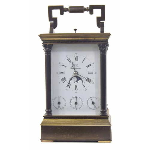 1237 - Good repeater calendar carriage clock with alarm, striking the hours and half hours on a gong, the d... 