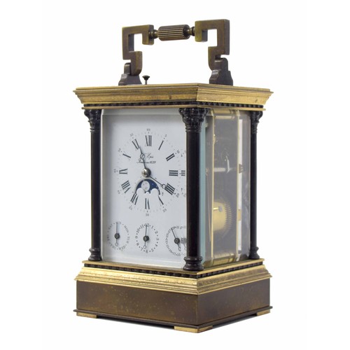 1237 - Good repeater calendar carriage clock with alarm, striking the hours and half hours on a gong, the d... 