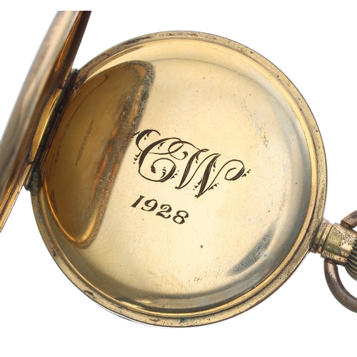 81 - Swiss gold filled lever half hunter pocket watch, unsigned movement, hinged cuvette inscribed 'CW 19... 