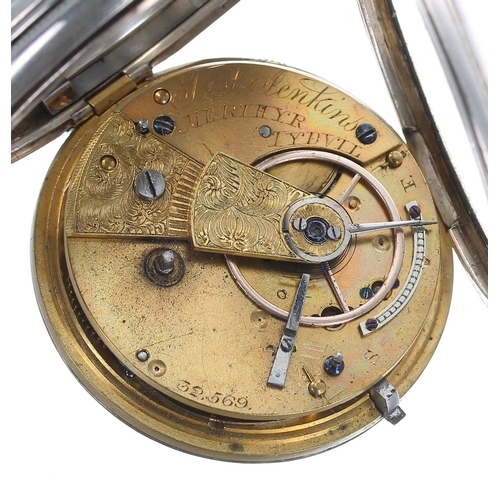 64 - Victorian silver fusee lever pocket watch, Chester 1864, the movement signed J. Jenkins, Merthyr Tyd... 