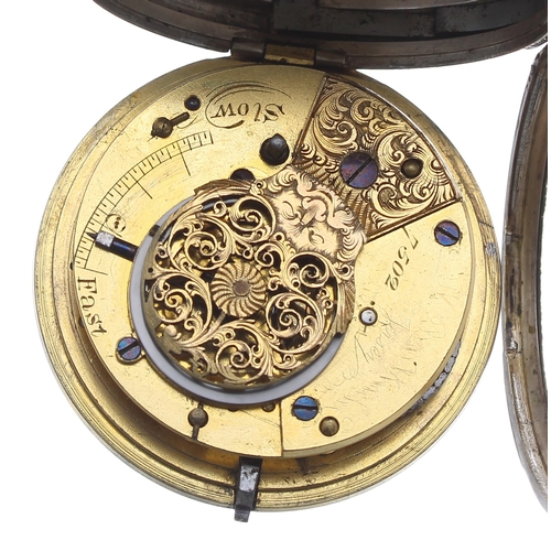 91 - George IV silver verge pocket watch, Birmingham 1827, unsigned fusee movement, no. 7502, with pierce... 