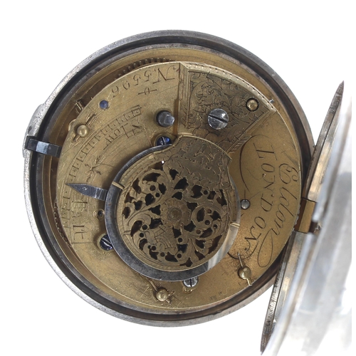 87 - Victorian silver verge pair cased pocket watch, London 1860, the fusee movement signed Eldon, London... 