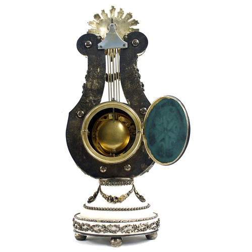 1350A - Good French white marble and silvered metal mounted two train lyre mantel clock, the movement back p... 