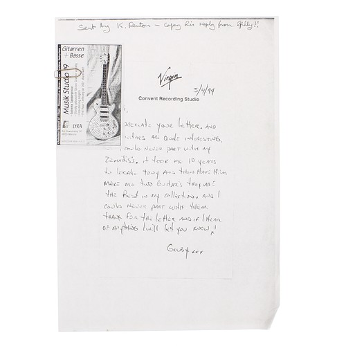 580 - Tony Zemaitis and Gilby Clarke (Guns N' Roses) - a handwritten letter to Tony Zemaitis from Gilby Cl... 