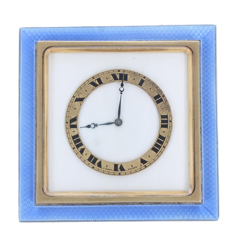 546 - Art Deco silver and blue guilloche enamel travel clock, Birmingham 1925, with a Swiss 8 days movemen... 