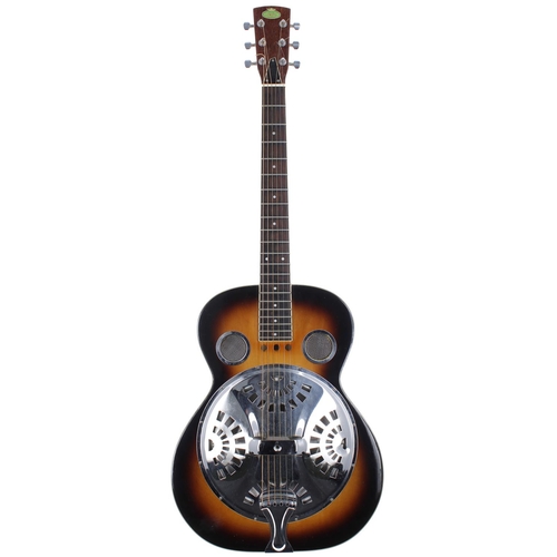 187 - Regal round neck resonator guitar; Body: sunburst finish, marks and scratches throughout; Neck: a fe... 