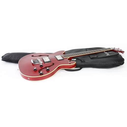 46 - DeArmond by Guild Starfire semi-hollow body bass guitar, made in Korea; Body: cherry red finish, a f... 