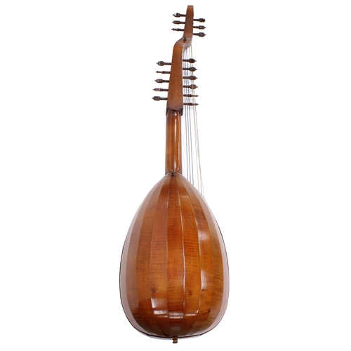 1523 - Early 20th century German Theorbo seventeen string lute, with ribbed satin maple wood bowl back, spr... 