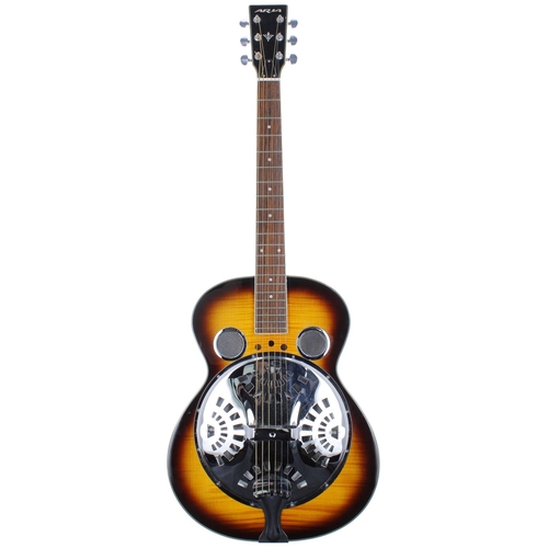 115 - Aria resonator acoustic guitar; Body: two-tone sunburst figured maple finish, a few minor imperfecti... 