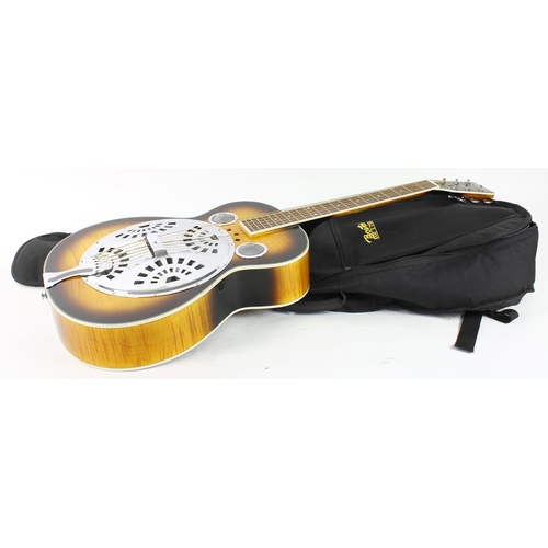 115 - Aria resonator acoustic guitar; Body: two-tone sunburst figured maple finish, a few minor imperfecti... 