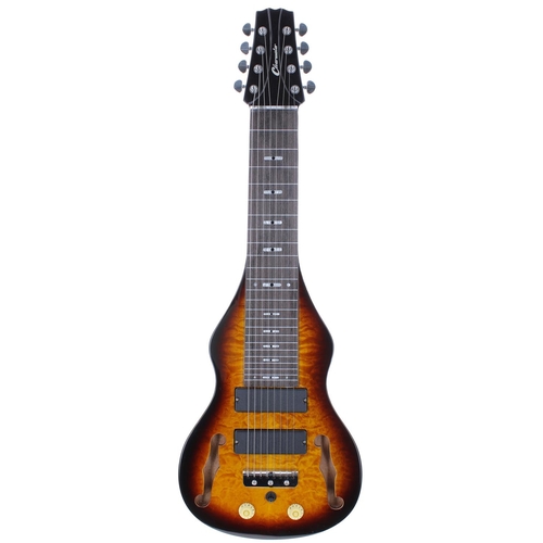 131 - Clearwater eight string lap guitar, with quilted sunburst finish top and active circuitry, with gig ... 