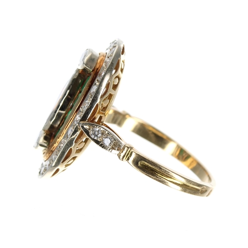 110 - Fine quality Art Deco style Continental yellow gold ring, set with three marquise shaped diamonds, b... 