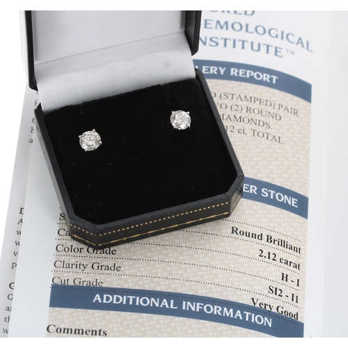 140 - Certificated pair of 18ct white gold round brilliant-cut diamond solitaire stud earrings, diamonds 2... 