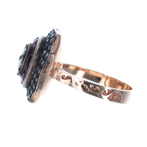 160 - Ornate vintage style rose gold and silver square ring with chamfered corners set with transitional-c... 