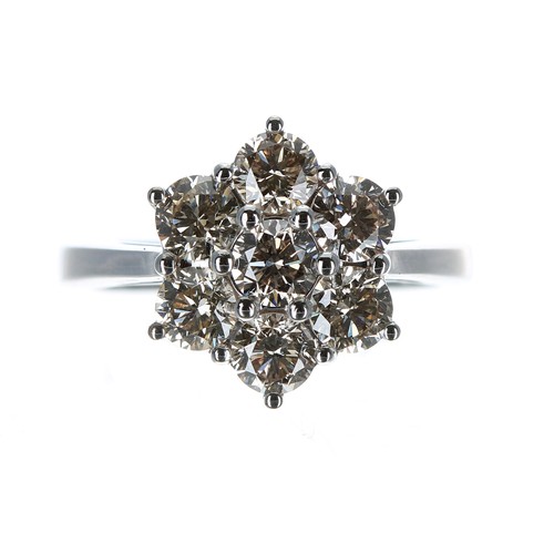 190 - Modern 18ct yellow gold seven stone daisy style diamond cluster ring, round brilliant-cuts estimated... 