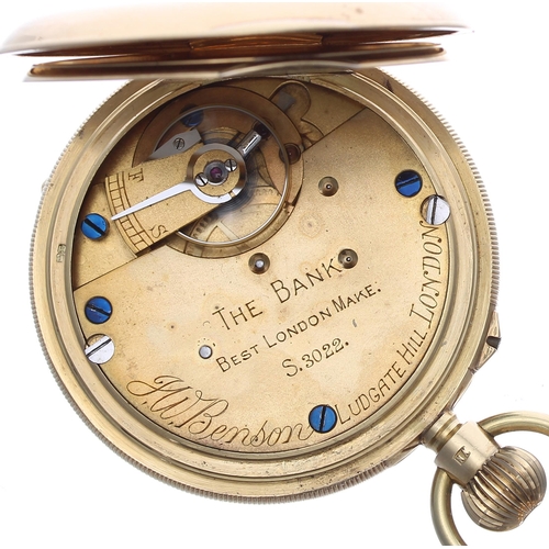 62 - Good J.W Benson 'The Bank' 18ct half hunter pocket watch, London 1928, signed three quarter plate le... 