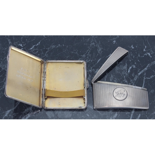 519 - Victorian rectangular silver card case, with engine turned decoration and a circular monogrammed car... 