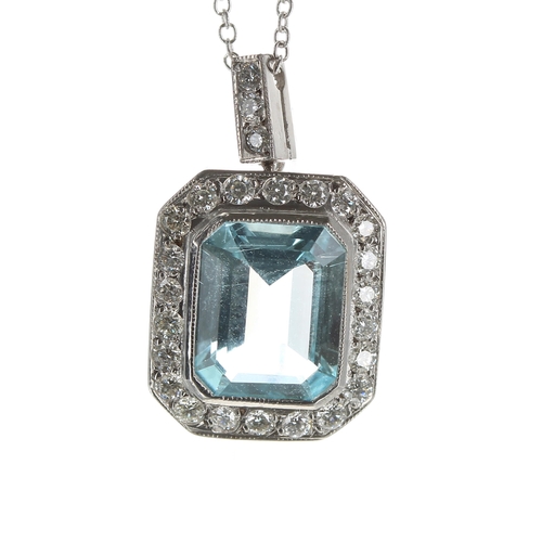 125 - Art Deco style 18ct white gold aquamarine and diamond pendant on a slender 18ct necklace, the aquama... 