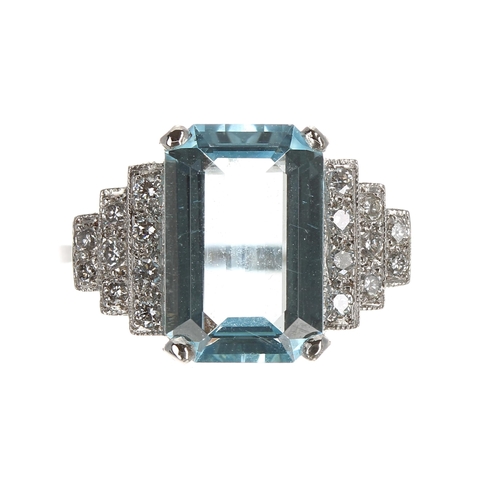 135 - Impressive platinum aquamarine and diamond ring in the Art Deco manner, the aquamarine 3.50ct approx... 