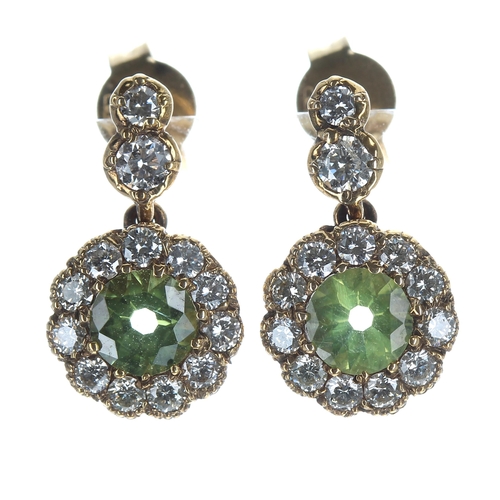 185 - Pair of 18ct yellow gold peridot and diamond cluster drop earrings, post butterfly backs, 2.6gm, dro... 