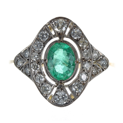 210 - Attractive Art Deco style 18ct yellow gold emerald and diamond oval cluster ring, the emerald 0.80ct... 