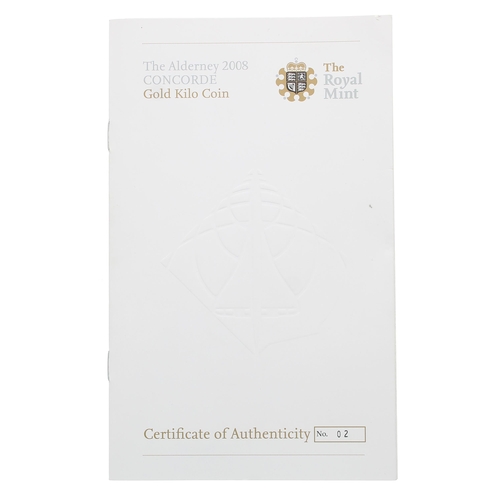 240 - The Alderney 2008 Concorde Gold Kilo proof coin, issue number 2 limited to a maximum of 30 pieces, O... 