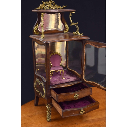 560 - Miniature Louis XV style apprentice walnut and gilt metal mounted vitrine cabinet, the raised back w... 