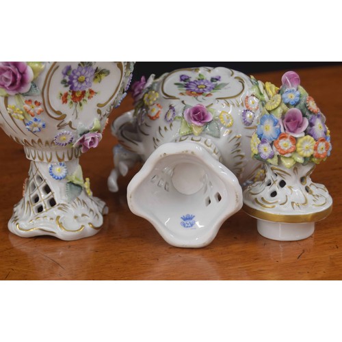 609 - Pair of 19th century German Porzellanmanufaktur Plaue porcelain pot pourri vases with covers, with f... 