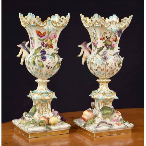 610 - Pair of 19th century Coalbrookdale porcelain pedestal vases, with applied floral decoration modelled... 