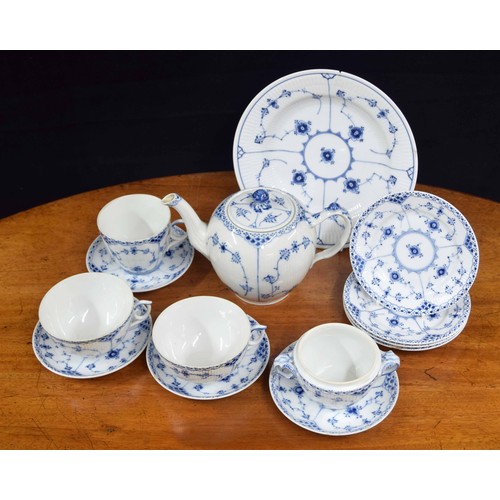 615 - Royal Copenhagen - selection of blue fluted half lace pattern tea wares; 1/611 shape teapot, two lar... 