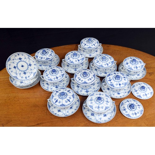 617 - Royal Copenhagen - ten blue fluted half lace 1/764 shape soup cups with covers and saucers; together... 