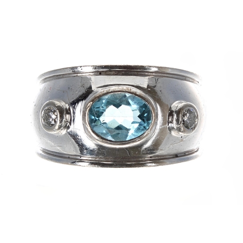 358 - Theo Fennell 18ct white gold blue topaz and diamond three stone band ring, the topaz 1.30ct approx, ... 