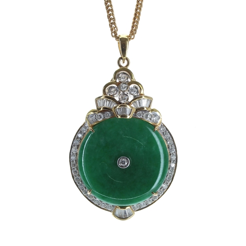 365 - Attractive 18ct jade and diamond set disc pendant on a high grade gold necklace, the pendant with ro... 