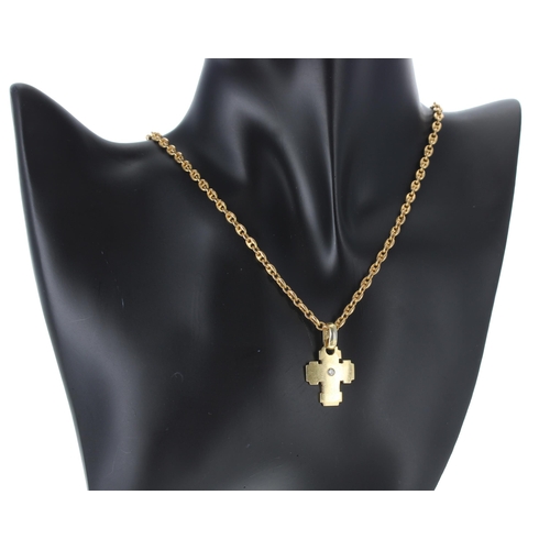 367 - 18ct yellow gold diamond set cross pendant on chain, 32.2gm, the pendant with a single round brillia... 