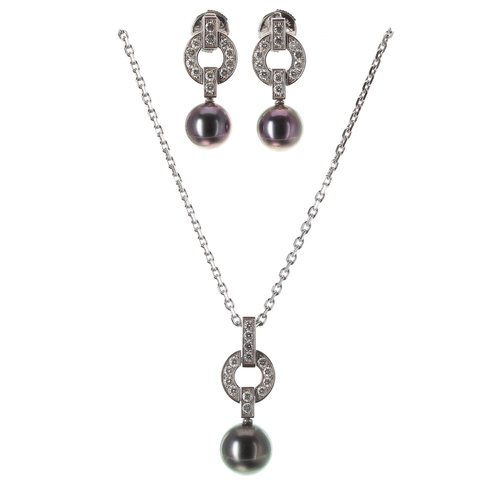 375 - Cartier Himalia 18ct white gold diamond and  pearl earrings with matching necklace set, the earring ... 