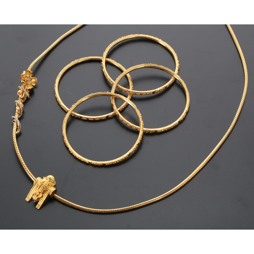 377 - Four high grade yellow gold bangles and a necklace with a fixed pendant and flower, each marked '916... 