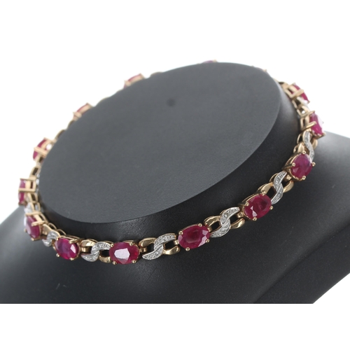 395 - 9ct ruby and diamond set bracelet, width 4mm, 8.5gm (at fault) (314)