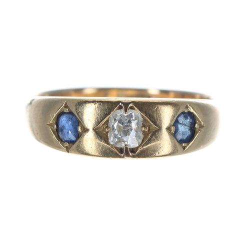 397 - Antique 18ct yellow gold sapphire and diamond three stone ring, the old-cut diamond 0.30ct approx, w... 