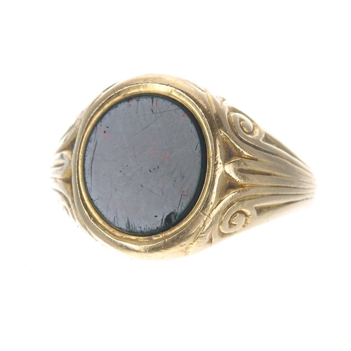 398 - Gentleman's 18ct yellow gold bloodstone signet ring, 13.7gm, width 16mm, ring size R/S (317)... 