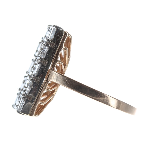 399 - Attractive baguette-cut diamond rectangular dress ring, estimated 1.40ct approx in total, 19mm x 11m... 