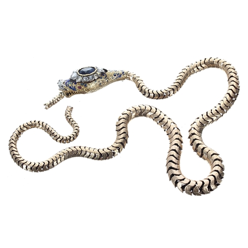 407 - Good Victorian gold serpent necklace, the enamel decorated head set with a sapphire 2.10ct approx, r... 