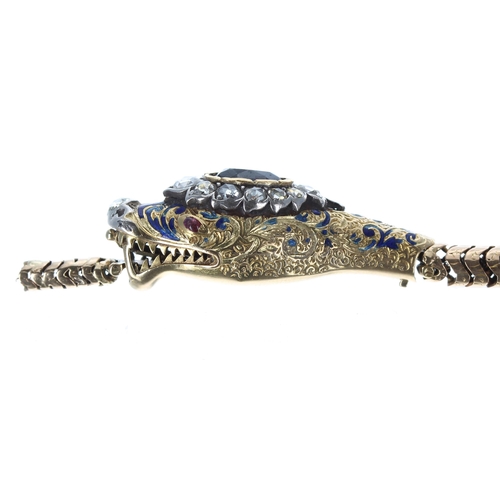 407 - Good Victorian gold serpent necklace, the enamel decorated head set with a sapphire 2.10ct approx, r... 