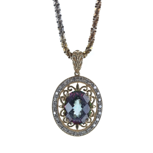 411 - 14ct tri colour Mystic Topaz and diamond pendent on chain, the pendant 26mm x 15mm, the chain 22