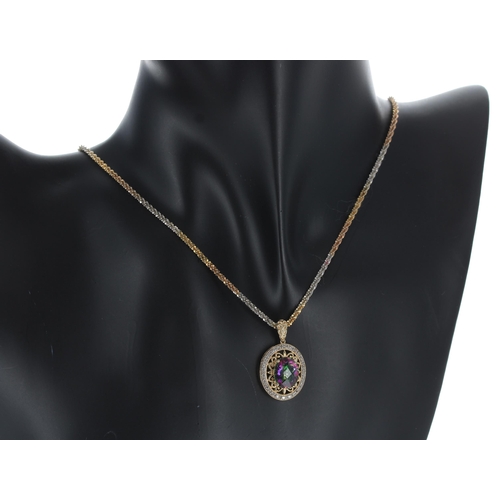 411 - 14ct tri colour Mystic Topaz and diamond pendent on chain, the pendant 26mm x 15mm, the chain 22