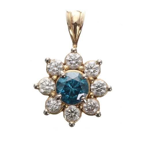 413 - 14ct yellow gold gold treated blue diamond and white diamond cluster pendant, the blue diamond  0.60... 