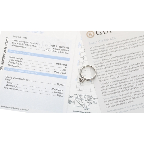 414 - Pravins GIA certified 18ct white gold solitaire diamond ring with set shoulders, round brilliant-cut... 