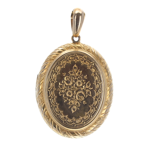 116 - Attractive oval engraved high carat oval locket with a foliate design, 11.2gm, 53mm x 32mm... 