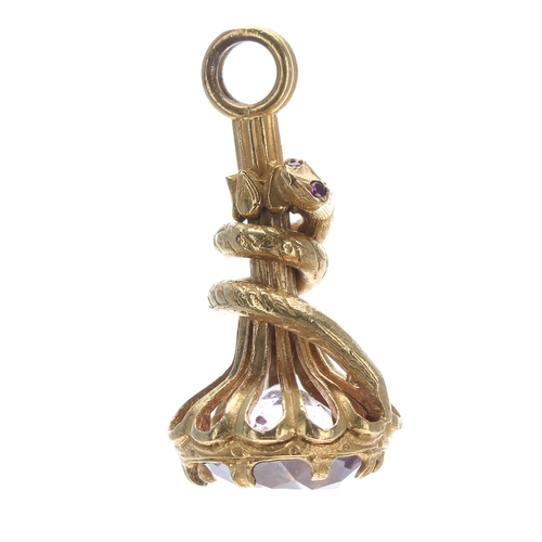 119 - Attractive Victorian high carat yellow gold fob, set with an amethyst an with an entwinned serpent s... 