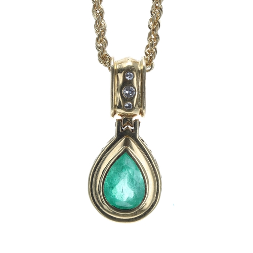 122 - 18ct yellow gold emerald and diamond pear shaped pendant on a rope twist neck chain, the pendant wit... 