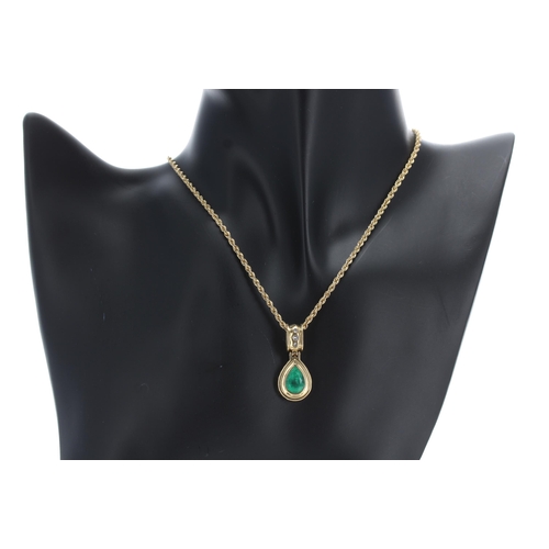 122 - 18ct yellow gold emerald and diamond pear shaped pendant on a rope twist neck chain, the pendant wit... 